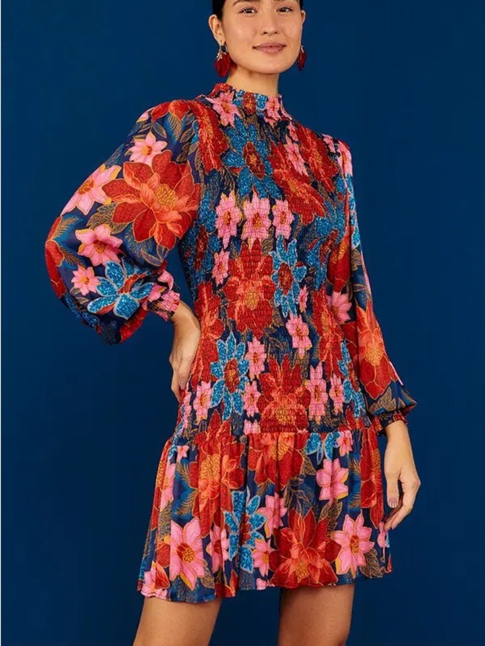 Farm Rio Garden Navy Smocked Blouson-Sleeve Mini Dress